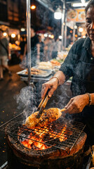 Fototapeta premium Street food vendor grilling seasoned chicken over open flame in vibrant night market scene