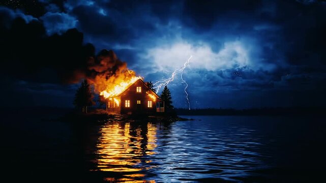 A dramatic scene of a house on fire on a small island, illuminated by a powerful lightning strike during a dark and stormy night, with reflections on the water.