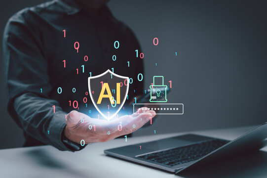 Man holds shield icon showing AI security over laptop, protecting systems against cyber threat, login breach, password hack, database leak, information theft, server risk, online fraud, network.