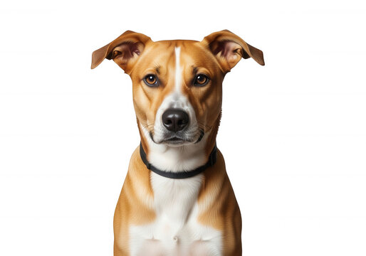 Smiling brown dog with collar looking forward isolated on transparent background