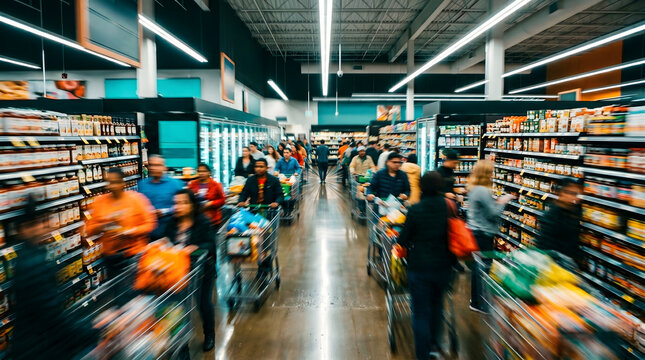 Crowded supermarket aisle with shoppers and motion blur