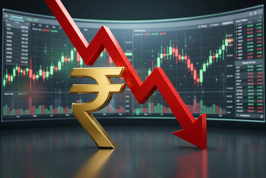  Indian economy crisis rupee concept with downward red arrow and trading charts