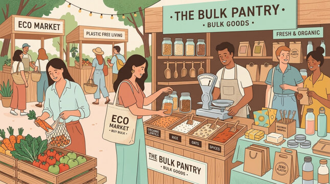 Customers shop sustainably at an eco friendly market with bulk goods fresh organic produce and plastic free living illustrated in a vibrant warm style with diverse people