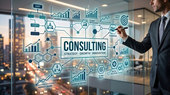 Business Consulting Strategy Dashboard on Glass Board with Financial Charts