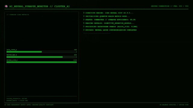 AI Neural Synapse Monitor Cluster Displaying Cognitive Engine Data Processing Synapse Load Metrics And Neural Layer Synchronization Progress Green HUD Screen.