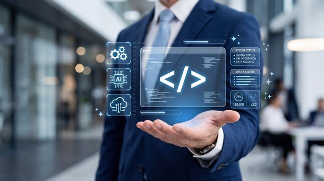 Software developer hand holding virtual screen with coding symbols, API integration status, system analysis dashboard, artificial intelligence cloud computing network, programming