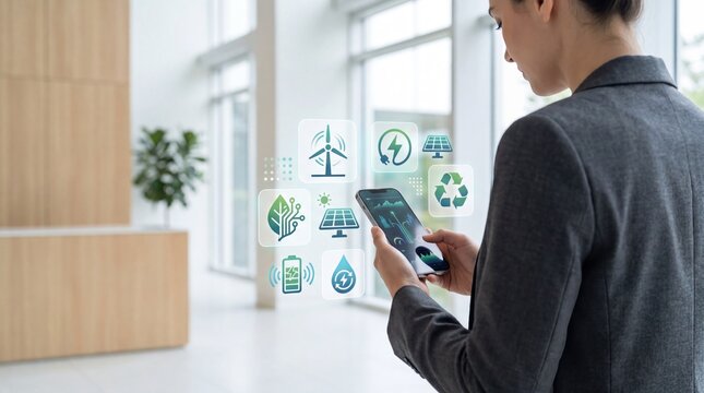 Businesswoman using smartphone with sustainable energy icons, renewable power management app interface, green technology concept for corporate environmental strategy and