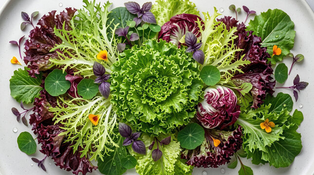 Fresh salad greens with lettuce leaves and edible flowers arranged on a generated using ai