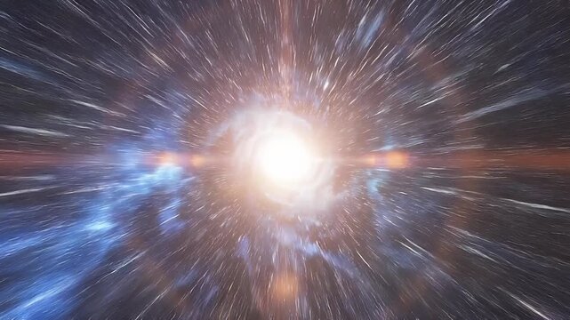 First person hyperspeed flight through tunnel concept. Colorful cosmic tunnel with swirling stars and nebulae in deep space illustrating a wormhole or galaxy vortex
