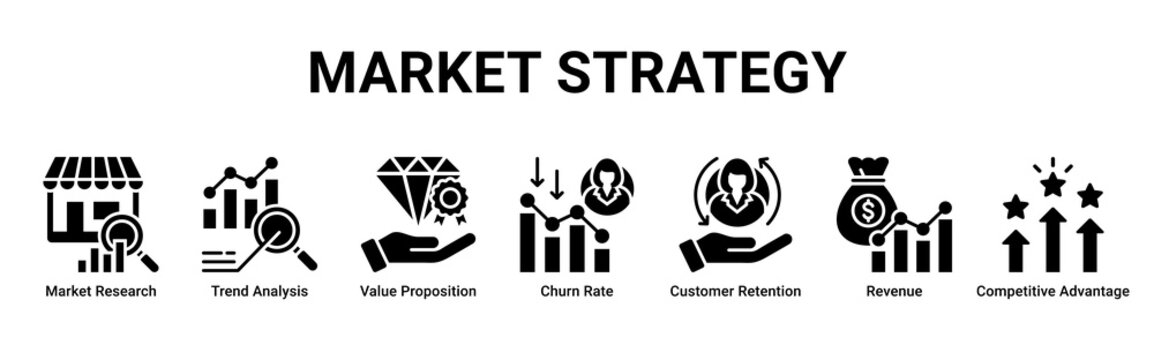 Market Strategy web banner icon vector illustration with Market Research, Trend Analysis, Value Proposition, Churn Rate, Customer Retention, Revenue and Competitive Advantage
