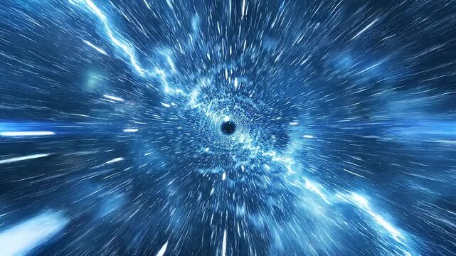 First person hyperspeed flight through tunnel concept. Abstract blue space vortex with glowing stars and cosmic energy tunnel in futuristic galaxy