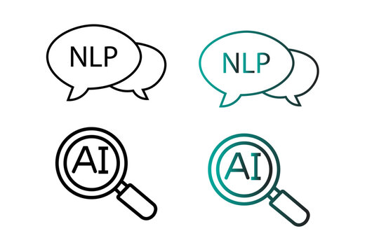 The image features a 2x2 grid of minimalist line-art icons on a white background, representing language processing and data analysis in artificial intelligence.