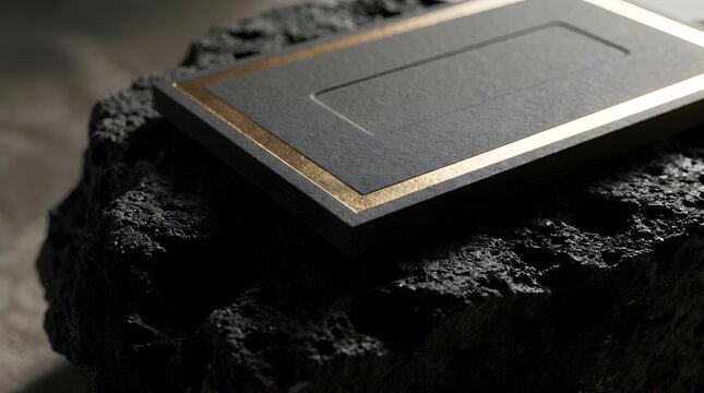 stack of business cards with gold foil edges and embossed detail on a dark textured rock surface.