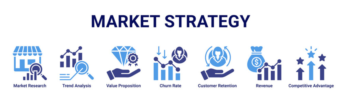 Market Strategy web banner icon vector illustration with Market Research, Trend Analysis, Value Proposition, Churn Rate, Customer Retention, Revenue and Competitive Advantage