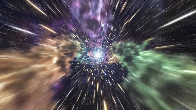 First person hyperspeed flight through tunnel concept. Stunning cosmic space warp with colorful nebula clouds and bright starburst effect in deep galaxy