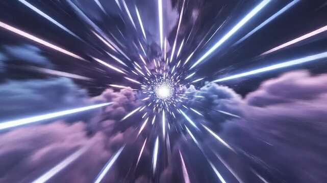 First person hyperspeed flight through tunnel concept. Abstract cosmic tunnel with bright light rays and purple mist creating futuristic space travel effect