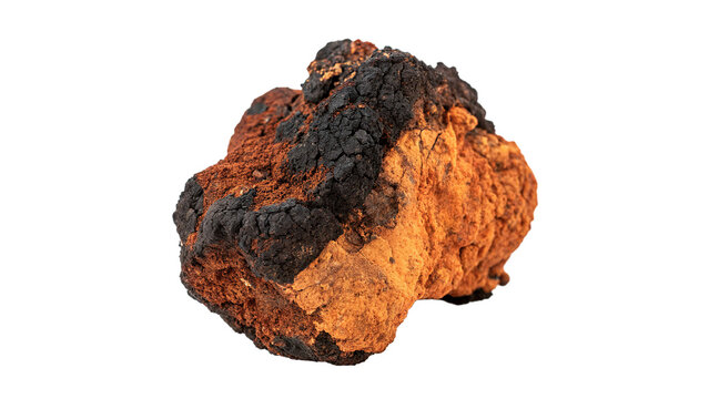 Gourmet raw wild chaga mushroom chunk medicinal herb isolated on transparent background cut out