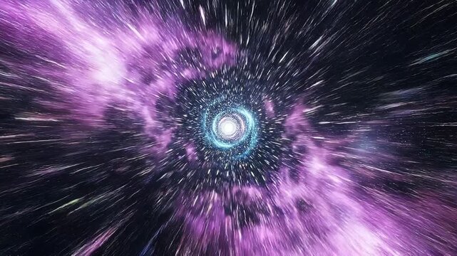 First person hyperspeed flight through tunnel concept. Bright cosmic explosion with stars and galaxy light burst in deep space