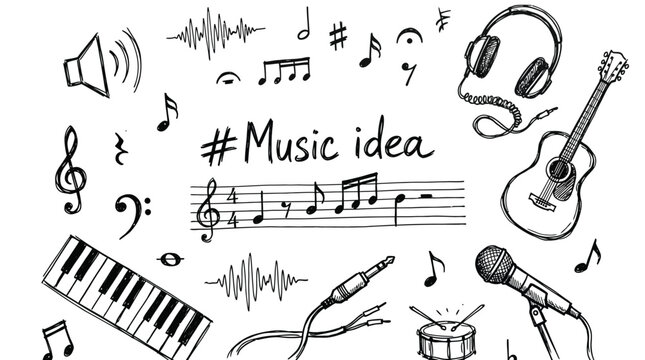 Artistic vector illustration featuring hand drawn musical instruments and melodic notes on a white background