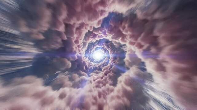 First person hyperspeed flight through tunnel concept. Surreal tunnel of soft pink clouds with glowing bright light in the center creating a dreamy sky scene