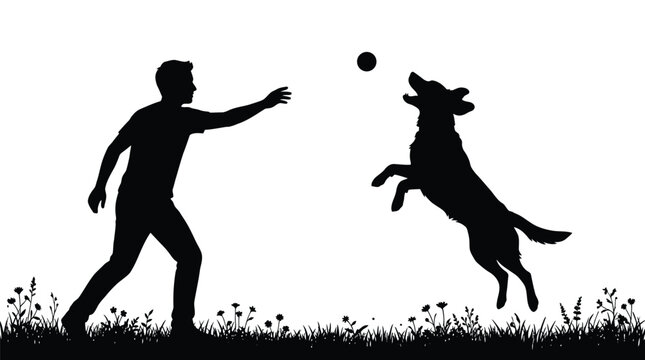 Minimalist black vector illustration showing a man playing catch with his dog in the meadow