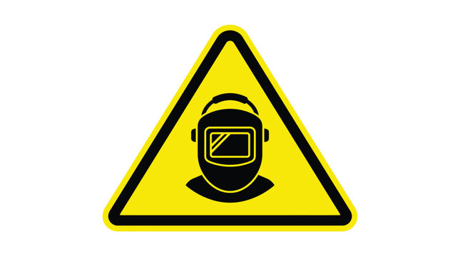 Industrial welding mask safety warning sign featuring a bold black silhouette icon centered inside a bright yellow equilateral triangle isolated on a clean white background surface
