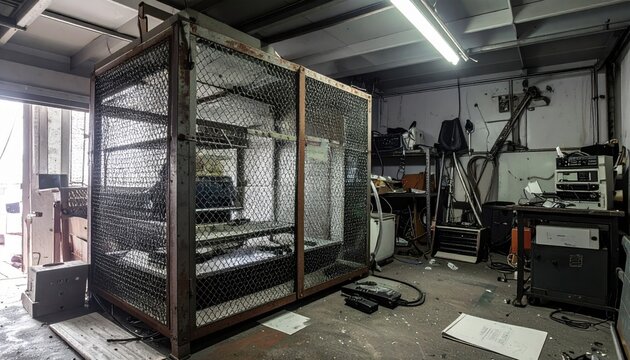 Makeshift Faraday cage enclosure constructed from wire mesh and metal sheeting in a workshop setting