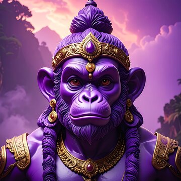 A purple monkey with gold jewelry and a crown against a purple sky