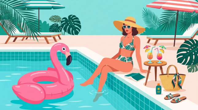 Woman in bikini relaxing by poolside with pink flamingo float sunhat and tropical drinks on sunny vacation