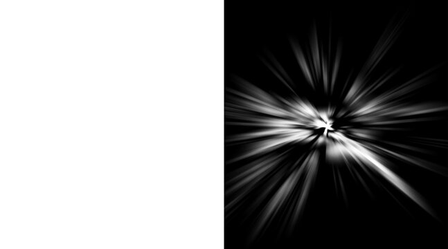Abstract light burst with radial motion blur, monochrome explosion of white rays on black background, cinematic speed zoom effect