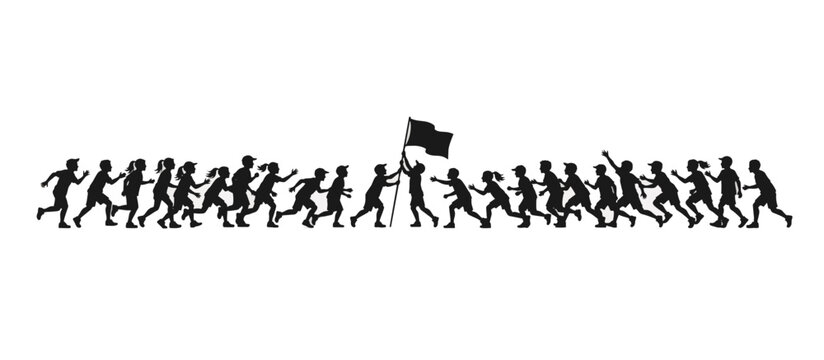 Silhouette vector illustration of kids playing capture the flag. Horizontal border design with children running and competing. Flat graphic element isolated on transparent background