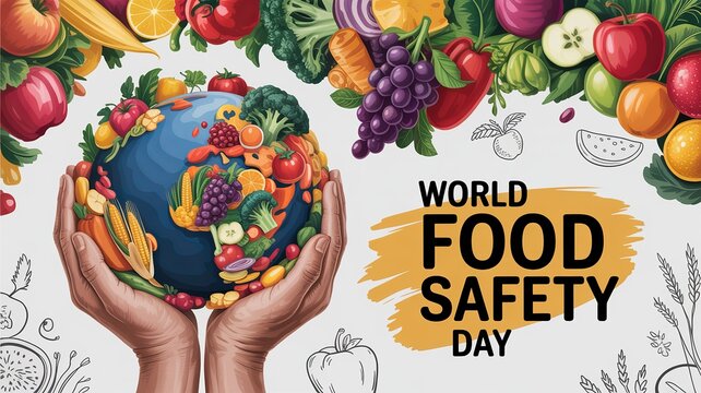 Fresh fruits and vegetables surrounding globe symbolizing worldwide food safety awareness.
