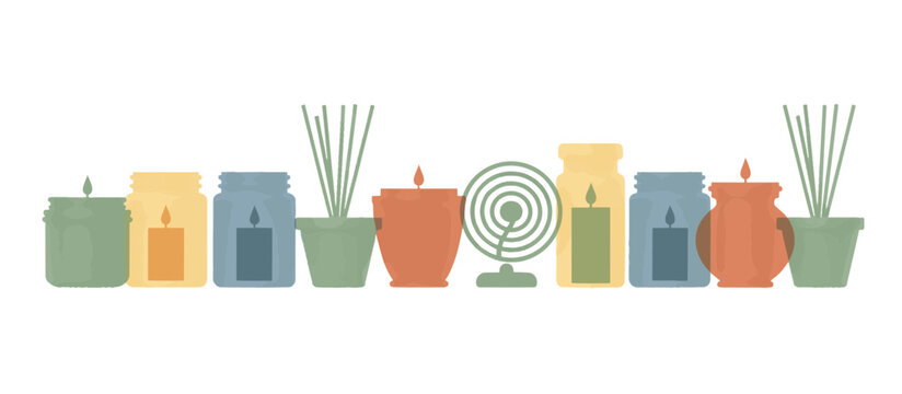 Outdoor patio mosquito repellent candles and coil set. Flat design vector illustration isolated on transparent background