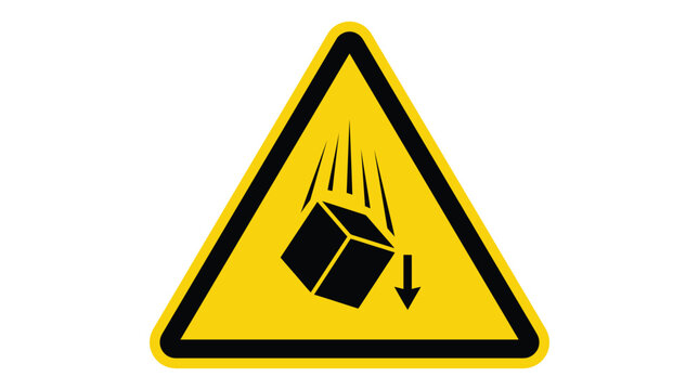 Bright yellow triangular warning sign featuring a bold black icon of a falling box indicating potential hazard or danger from objects dropping from above area
