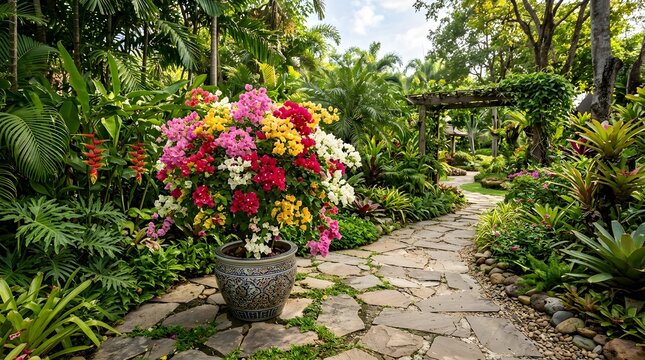 Beautiful Multi Colored Bougainvillea in a Large Clay Pot Along a Stone Garden Pathway