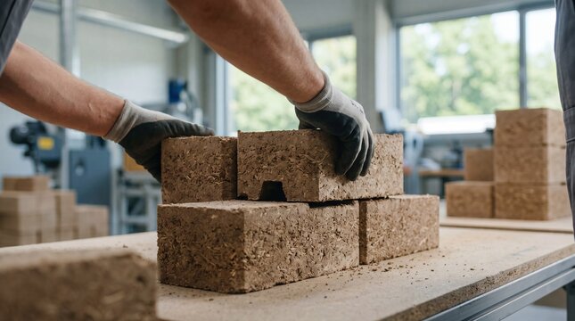 Construction worker handling sustainable hempcrete bricks in a modern eco-friendly factory, green building materials concept