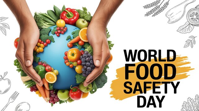 World Food Safety Day artwork featuring global healthy fresh food protection.
