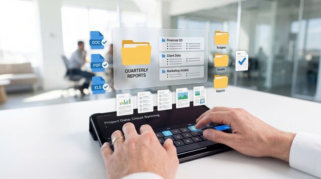 Hands typing on tablet keyboard syncing quarterly reports and financial files to the cloud, managing project data and assets with digital folders and document icons in modern