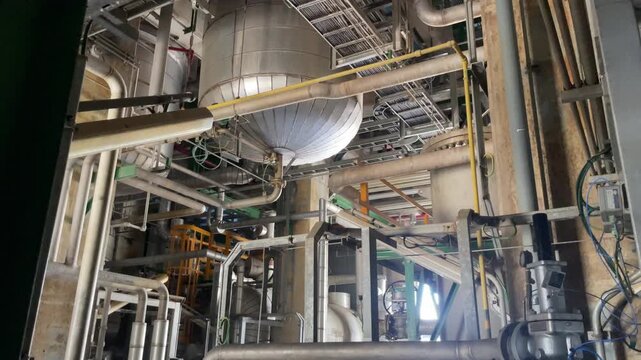 Complex piping systems and industrial structures in a petrochemical plant showcase advanced engineering design, process integration, and efficient transportation of fluids throughout production facili