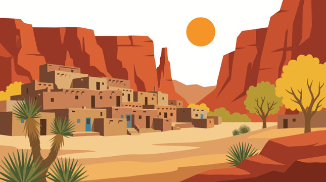 Pueblo Adobe Village Nestled in Red Rock Canyon