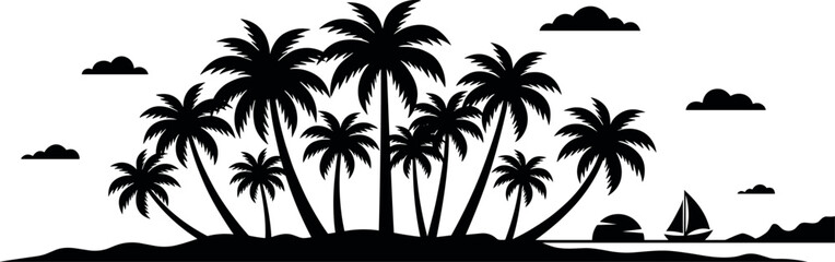 Tropical island silhouette with palm trees, sailboat, clouds, and sunset horizon, ideal for travel, vacation, paradise, and decorative artwork themes © ROUNOK