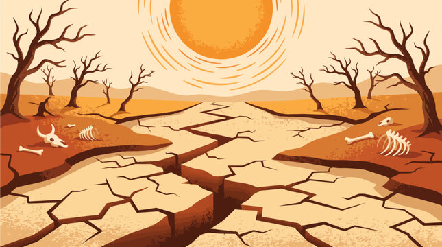 Dry riverbed landscape with dead trees and animal bones
