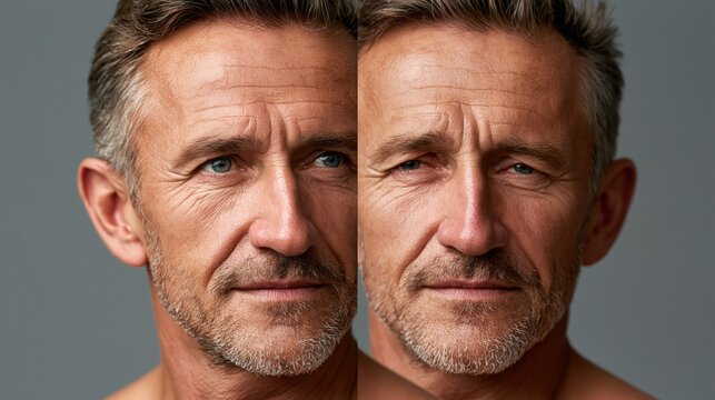 A middle-aged man, left side of face perfectly healthy with strong muscle tone, bright alert eye fully open, right side showing myasthenia gravis symptoms with visible ptosis drooping eyelid