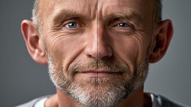 A middle-aged man, left side of face perfectly healthy with strong muscle tone, bright alert eye fully open, right side showing myasthenia gravis symptoms with visible ptosis drooping eyelid