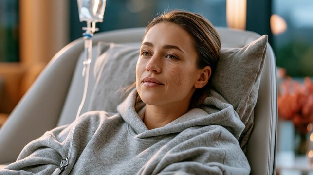 A young adult patient with myasthenia gravis receiving intravenous immunoglobulin infusion therapy, sitting in a modern infusion clinic chair, IV line clearly visible