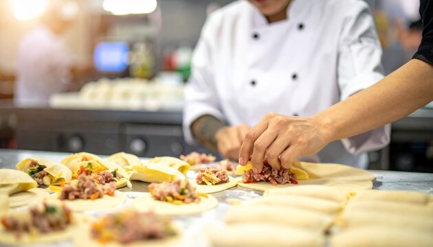 Skilled chef meticulously hand-folding fresh dumplings with savory filling in a bustling professional kitchen environment