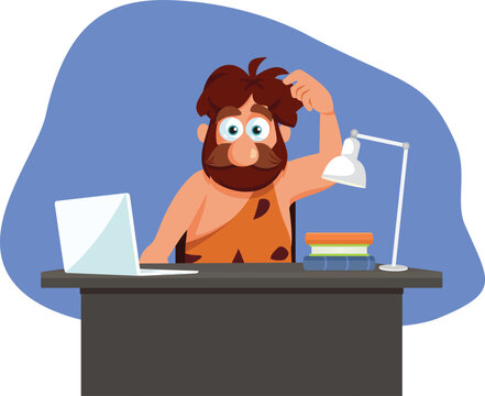 Puzzled Prehistoric Caveman Working on Laptop Vector Illustration. Confused ancient caveman scratching head while looking at computer on office desk 
