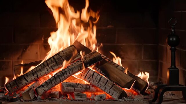 Cozy Fireplace Glow: A warm and inviting fireplace crackles with bright orange flames, illuminating stacked logs of birch wood against a rustic brick backdrop, perfect for a tranquil evening.