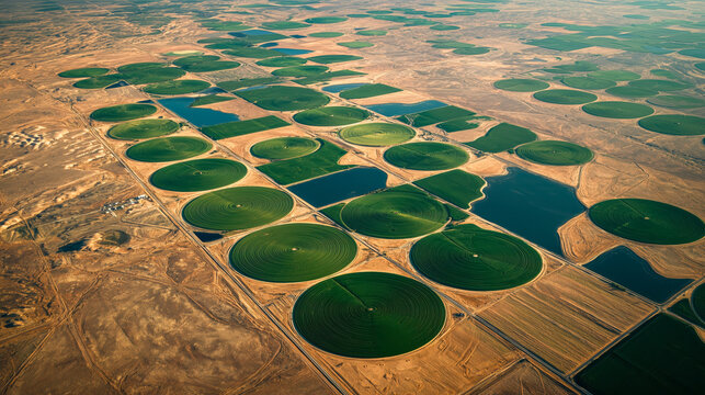 Aerial view of circular pivot irrigation fields in dry region, showcasing vibrant green circles against barren landscape. contrast highlights agricultural innovation