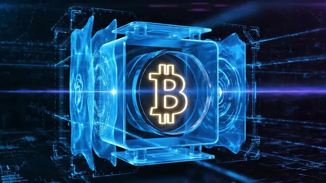 Glowing bitcoin symbol moving through digital technology tunnel. Cryptocurrency mining transaction concept. Blockchain network data flow.